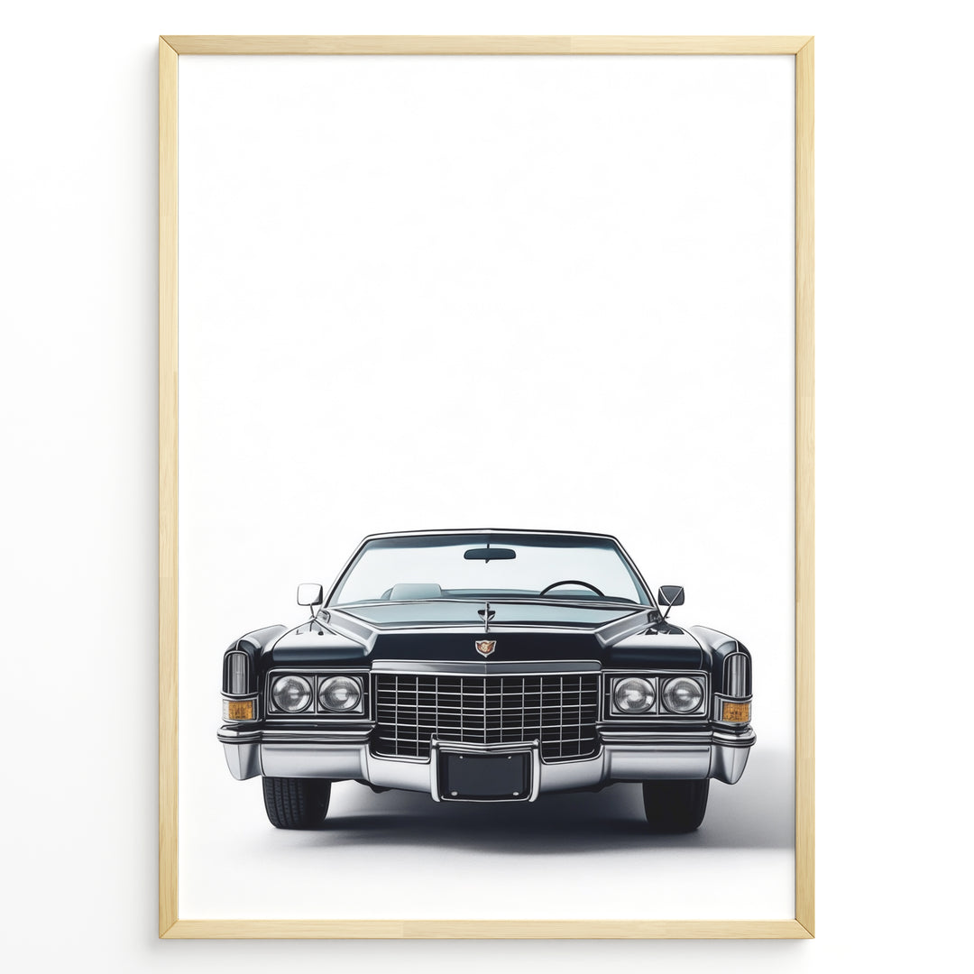 Front-facing illustration of a classic black vintage convertible car in a minimalist framed poster.