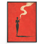 Ladda upp bild till gallerivisning, Minimalist poster showing a dark silhouette of a woman smoking with swirling smoke on a bold red background, framed as retro modern wall art.
