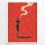 Ladda upp bild till gallerivisning, Minimalist poster showing a dark silhouette of a woman smoking with swirling smoke on a bold red background, framed as retro modern wall art.

