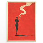 Ladda upp bild till gallerivisning, Minimalist poster showing a dark silhouette of a woman smoking with swirling smoke on a bold red background, framed as retro modern wall art.
