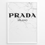 Ladda upp bild till gallerivisning, Fashion Plakat | Prada Milano Logo on Marble – Minimalist Fashion Art Print Plakaty.dk | Minimalist poster featuring the Prada Milano logo in bold black text over a white marble background with fine gray veining.
