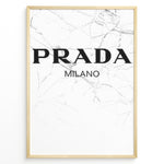 Ladda upp bild till gallerivisning, Fashion Plakat | Prada Milano Logo on Marble – Minimalist Fashion Art Print Plakaty.dk | Minimalist poster featuring the Prada Milano logo in bold black text over a white marble background with fine gray veining.
