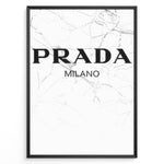 Ladda upp bild till gallerivisning, Fashion Plakat | Prada Milano Logo on Marble – Minimalist Fashion Art Print Plakaty.dk | Minimalist poster featuring the Prada Milano logo in bold black text over a white marble background with fine gray veining.
