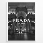 Ladda upp bild till gallerivisning, Fashion Plakat | Prada Milano at Galleria Vittorio Emanuele II – Black and White Fashion &amp; Architecture Photography Plakaty.dk | Black and white photo of the Prada Milano store at Galleria Vittorio Emanuele II in Milan, Italy, with grand architecture and night lighting
