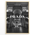 Ladda upp bild till gallerivisning, Fashion Plakat | Prada Milano at Galleria Vittorio Emanuele II – Black and White Fashion &amp; Architecture Photography Plakaty.dk | Black and white photo of the Prada Milano store at Galleria Vittorio Emanuele II in Milan, Italy, with grand architecture and night lighting
