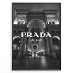 Ladda upp bild till gallerivisning, Fashion Plakat | Prada Milano at Galleria Vittorio Emanuele II – Black and White Fashion &amp; Architecture Photography Plakaty.dk | Black and white photo of the Prada Milano store at Galleria Vittorio Emanuele II in Milan, Italy, with grand architecture and night lighting
