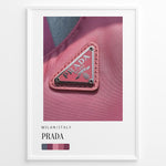 Ladda upp bild till gallerivisning, Fashion Plakat | Prada Pink Nylon Detail – Milan Fashion Poster Plakaty.dk | Close-up of Prada triangle logo on pink nylon fabric, highlighting Milanese fashion luxury in bold magenta tones.
