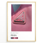 Ladda upp bild till gallerivisning, Fashion Plakat | Prada Pink Nylon Detail – Milan Fashion Poster Plakaty.dk | Close-up of Prada triangle logo on pink nylon fabric, highlighting Milanese fashion luxury in bold magenta tones.
