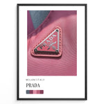 Ladda upp bild till gallerivisning, Fashion Plakat | Prada Pink Nylon Detail – Milan Fashion Poster Plakaty.dk | Close-up of Prada triangle logo on pink nylon fabric, highlighting Milanese fashion luxury in bold magenta tones.
