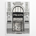 Ladda upp bild till gallerivisning, Fashion Plakat | Prada Storefront Wall Art – Italian Luxury Boutique Print Plakaty.dk | Black and white photo of the Prada Milano storefront with arched windows and detailed classical architecture.
