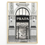 Ladda upp bild till gallerivisning, Fashion Plakat | Prada Storefront Wall Art – Italian Luxury Boutique Print Plakaty.dk | Black and white photo of the Prada Milano storefront with arched windows and detailed classical architecture.

