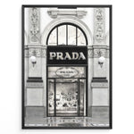 Ladda upp bild till gallerivisning, Fashion Plakat | Prada Storefront Wall Art – Italian Luxury Boutique Print Plakaty.dk | Black and white photo of the Prada Milano storefront with arched windows and detailed classical architecture.
