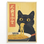 Ladda upp bild till gallerivisning, Japanske plakater | Illustration of a black cat eating ramen noodles from a bowl, in a Japanese art style with bold red kanji on a yellow background.
