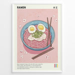 Ladda upp bild till gallerivisning, Japanske plakater | Illustrated poster of a bowl of ramen with eggs, pork, and scallions on a pink background with cherry blossom petals and chopsticks.

