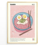 Ladda upp bild till gallerivisning, Japanske plakater | Illustrated poster of a bowl of ramen with eggs, pork, and scallions on a pink background with cherry blossom petals and chopsticks.

