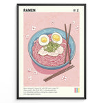 Ladda upp bild till gallerivisning, Japanske plakater | Illustrated poster of a bowl of ramen with eggs, pork, and scallions on a pink background with cherry blossom petals and chopsticks.
