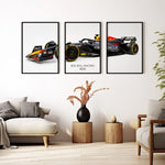 Ladda upp bild till gallerivisning, Triptych wall art plakat of the Red Bull Racing RB20 Formula 1 car displayed in a contemporary living room with a black leather sofa and modern furnishings.
