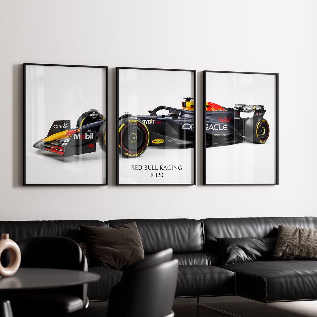 Triptych wall art plakat of the Red Bull Racing RB20 Formula 1 car displayed in a contemporary living room with a black leather sofa and modern furnishings.