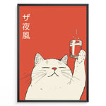 Ladda upp bild till gallerivisning, Retro Japanese-style poster of a smiling white cat raising a glass of drink against a red background with Japanese text, framed as cute modern wall art.
