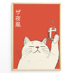 Ladda upp bild till gallerivisning, Retro Japanese-style poster of a smiling white cat raising a glass of drink against a red background with Japanese text, framed as cute modern wall art.
