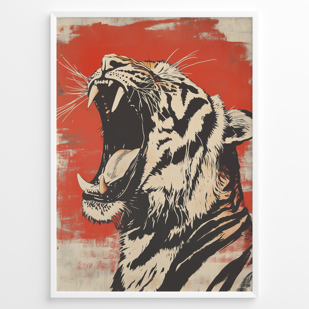 Plakater | Stylized illustration of a roaring tiger with an open mouth, black and cream colors on a textured red background, framed in black.