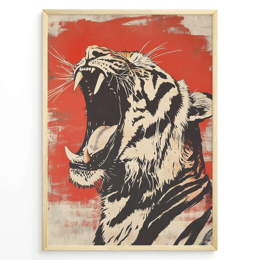 Plakater | Stylized illustration of a roaring tiger with an open mouth, black and cream colors on a textured red background, framed in black.