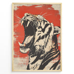 Ladda upp bild till gallerivisning, Plakater | Stylized illustration of a roaring tiger with an open mouth, black and cream colors on a textured red background, framed in black.
