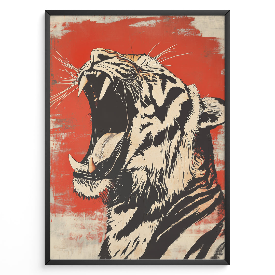 Plakater | Stylized illustration of a roaring tiger with an open mouth, black and cream colors on a textured red background, framed in black.