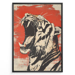 Ladda upp bild till gallerivisning, Plakater | Stylized illustration of a roaring tiger with an open mouth, black and cream colors on a textured red background, framed in black.
