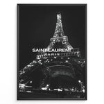 Ladda upp bild till gallerivisning, Fashion Plakat | Saint Laurent Eiffel Tower Poster – Black &amp; White Paris Fashion Print Plakaty.dk | Black and white photo of the Eiffel Tower illuminated at night with “Saint Laurent Paris” text overlay, capturing the essence of French fashion and elegance.

