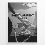 Ladda upp bild till gallerivisning, Fashion Plakat | Saint Laurent Glamour Art Featuring Glitter Phone and Elegant Hand Plakaty.dk | Black-and-white image of a sparkling vintage rotary phone being held by a glittering, elegant hand, with &quot;SAINT LAURENT PARIS&quot; overlaid in bold text.
