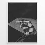 Ladda upp bild till gallerivisning, Fashion Plakat | Saint Laurent Paris – Monochrome Elegance Poster Plakaty.dk | Black and white Saint Laurent Paris poster featuring a bouquet of white roses wrapped in paper.
