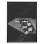 Ladda upp bild till gallerivisning, Fashion Plakat | Saint Laurent Paris – Monochrome Elegance Poster Plakaty.dk | Black and white Saint Laurent Paris poster featuring a bouquet of white roses wrapped in paper.
