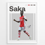 Ladda upp bild till gallerivisning, Poster showing a football player in a red and white uniform celebrating, with large text reading “Saka” at the top and a clean modern graphic design layout.
