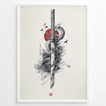 Ladda upp bild till gallerivisning, Japanske plakater | Japanese ink-style artwork of a katana sword entwined with a dragon, set against a red sun with birds flying around, in a minimalist and dramatic composition.
