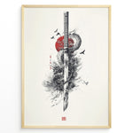 Ladda upp bild till gallerivisning, Japanske plakater | Japanese ink-style artwork of a katana sword entwined with a dragon, set against a red sun with birds flying around, in a minimalist and dramatic composition.
