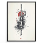 Ladda upp bild till gallerivisning, Japanske plakater | Japanese ink-style artwork of a katana sword entwined with a dragon, set against a red sun with birds flying around, in a minimalist and dramatic composition.
