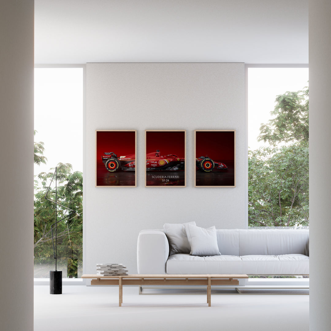 Triptych wall art plakat featuring the Scuderia Ferrari SF-24 Formula 1 car in a modern black-and-white living room with leather furniture.