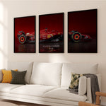 Ladda upp bild till gallerivisning, Triptych wall art plakat featuring the Scuderia Ferrari SF-24 Formula 1 car in a modern black-and-white living room with leather furniture.
