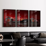 Ladda upp bild till gallerivisning, Triptych wall art plakat featuring the Scuderia Ferrari SF-24 Formula 1 car in a modern black-and-white living room with leather furniture.
