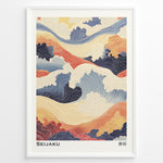 Ladda upp bild till gallerivisning, Japanske plakater | Abstract Japanese wave artwork in soft blues, oranges, and creams with flowing line patterns and cloud shapes, titled &quot;Seijaku.&quot;
