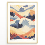 Ladda upp bild till gallerivisning, Japanske plakater | Abstract Japanese wave artwork in soft blues, oranges, and creams with flowing line patterns and cloud shapes, titled &quot;Seijaku.&quot;
