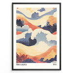 Ladda upp bild till gallerivisning, Japanske plakater | Abstract Japanese wave artwork in soft blues, oranges, and creams with flowing line patterns and cloud shapes, titled &quot;Seijaku.&quot;
