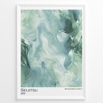 Ladda upp bild till gallerivisning, Japanske plakater | Abstract marble-style artwork in green and white tones with the word &quot;Seijitsu&quot; and Japanese characters representing sincerity.
