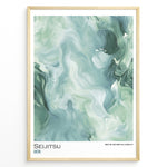 Ladda upp bild till gallerivisning, Japanske plakater | Abstract marble-style artwork in green and white tones with the word &quot;Seijitsu&quot; and Japanese characters representing sincerity.
