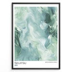Ladda upp bild till gallerivisning, Japanske plakater | Abstract marble-style artwork in green and white tones with the word &quot;Seijitsu&quot; and Japanese characters representing sincerity.
