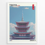 Ladda upp bild till gallerivisning, Japanske plakater | Illustration of Sensō-ji Temple’s red pagoda in Tokyo with a clear blue sky and Tokyo Skytree in the background, combining traditional architecture with a modern skyline.
