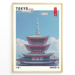 Ladda upp bild till gallerivisning, Japanske plakater | Illustration of Sensō-ji Temple’s red pagoda in Tokyo with a clear blue sky and Tokyo Skytree in the background, combining traditional architecture with a modern skyline.
