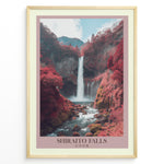 Ladda upp bild till gallerivisning, Japanske plakater | Scenic waterfall landscape featuring Shiraito Falls surrounded by red autumn foliage and mountains under a partly cloudy sky.
