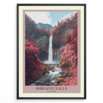 Ladda upp bild till gallerivisning, Japanske plakater | Scenic waterfall landscape featuring Shiraito Falls surrounded by red autumn foliage and mountains under a partly cloudy sky.
